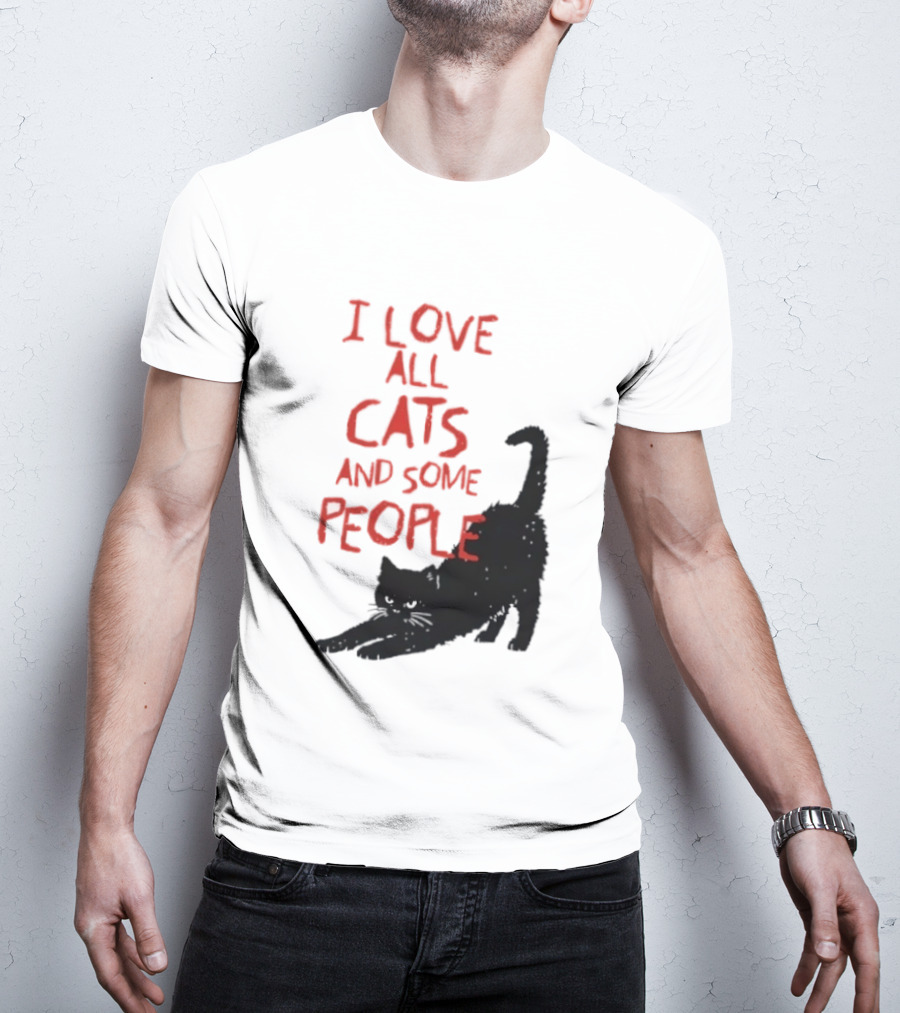 I Love All Cats And Some People Funny Cat Lovers Stretching Black Cat T-Shirt