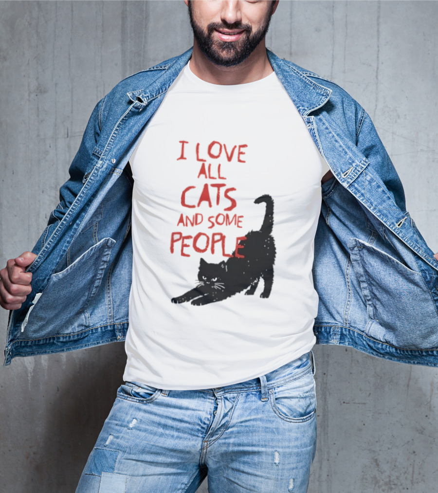 I Love All Cats And Some People Funny Cat Lovers Stretching Black Cat T-Shirt