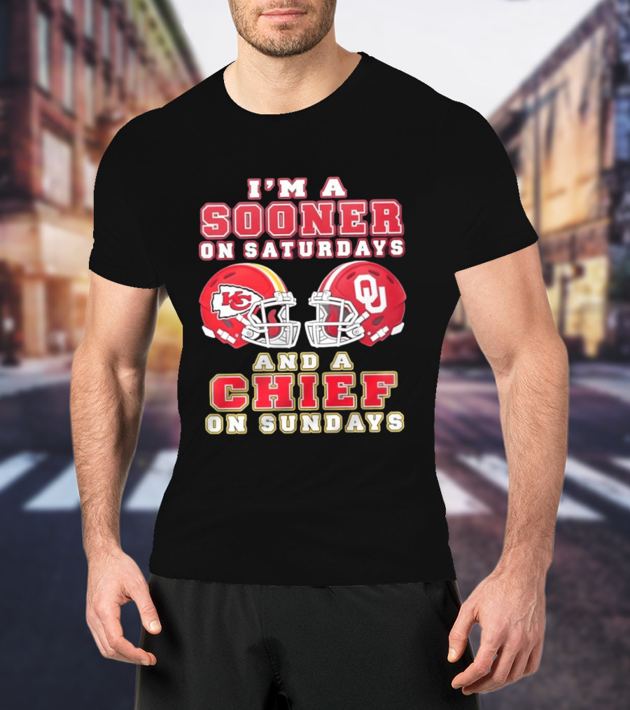 I'm A Sooner On Saturdays And A Chief On Sundays Kansas City OU Football Helmets T-Shirt