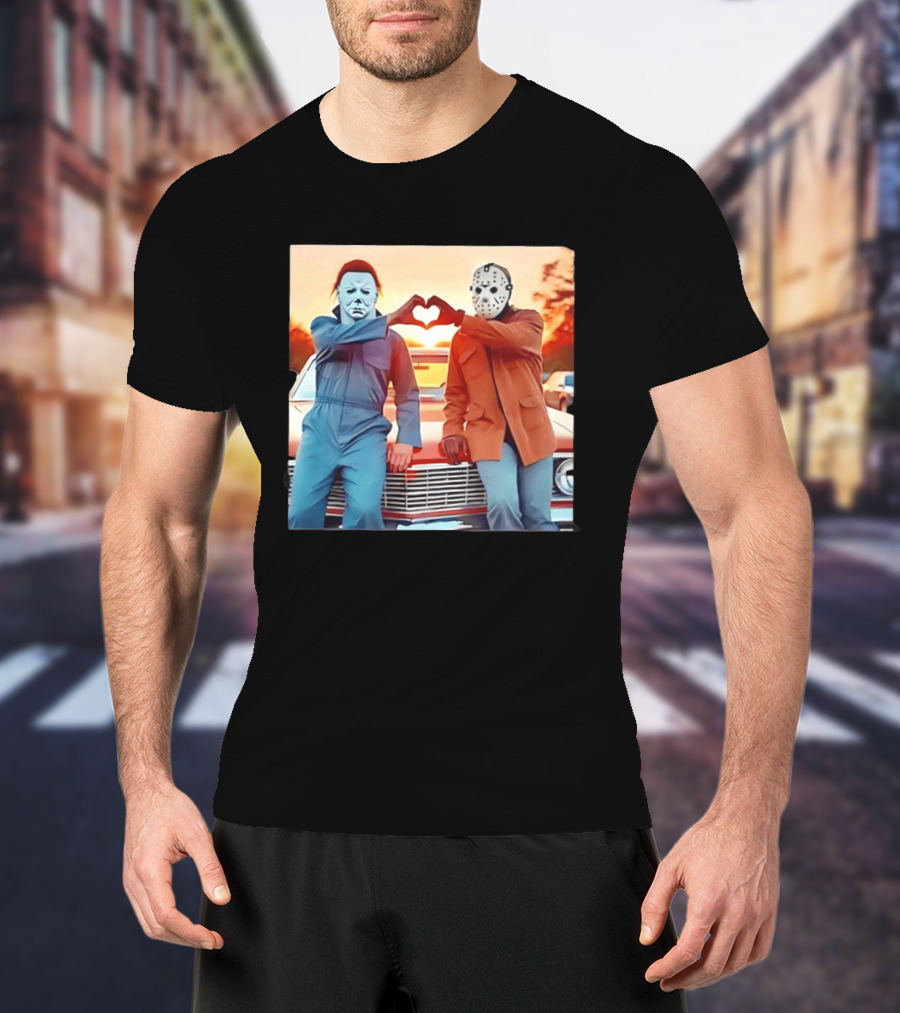 Jason Voorhees Michael Myers Heart Sign Halloween Retro Car Sunset T-Shirt