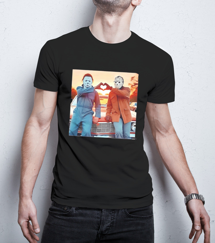 Jason Voorhees Michael Myers Heart Sign Halloween Retro Car Sunset T-Shirt
