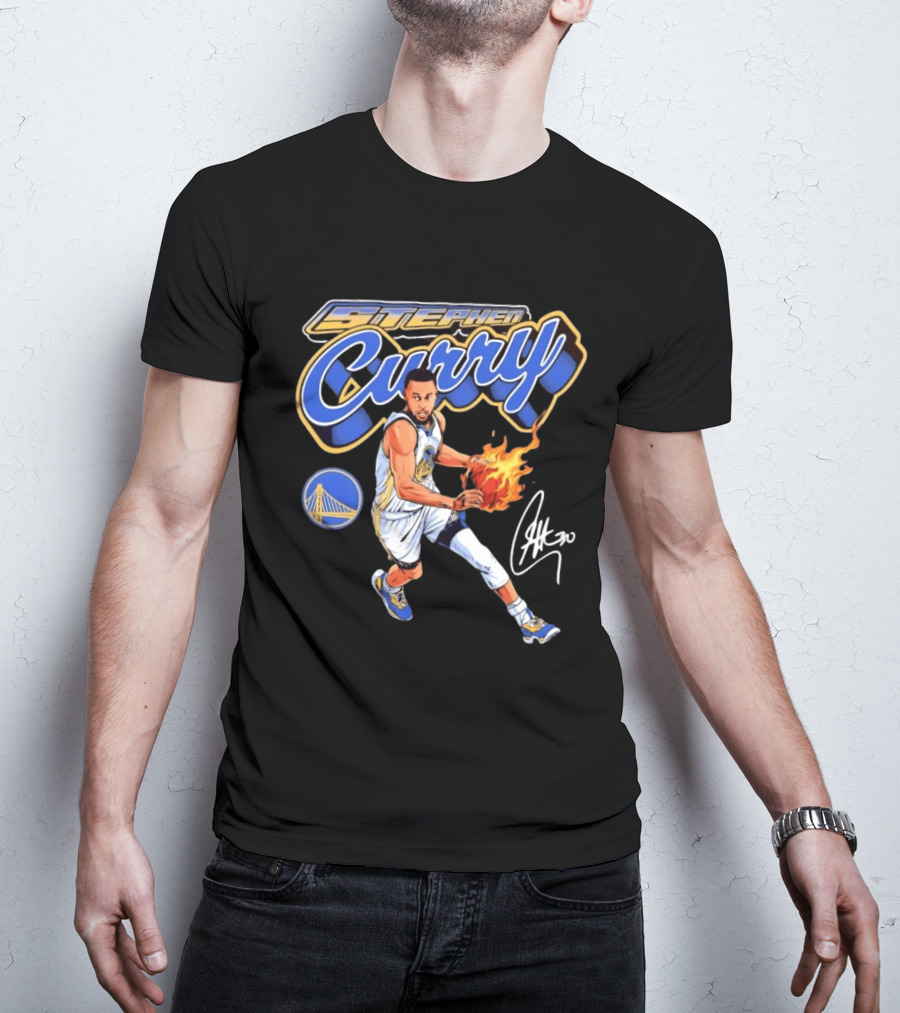 Stephen Curry Golden State Warriors Basketball Player With Flame Ball And Signature T-Shirt