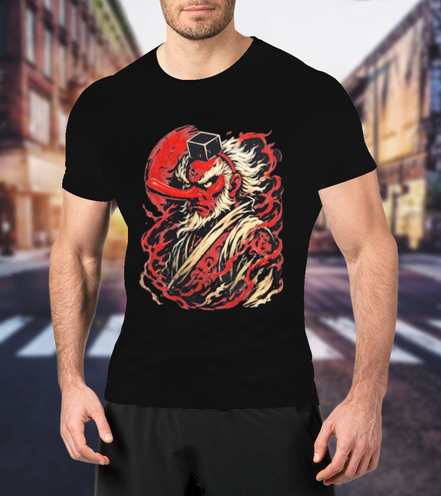Tengu Japanese Warrior Spirit Mask Mythical Yokai Flame Aura T-Shirt