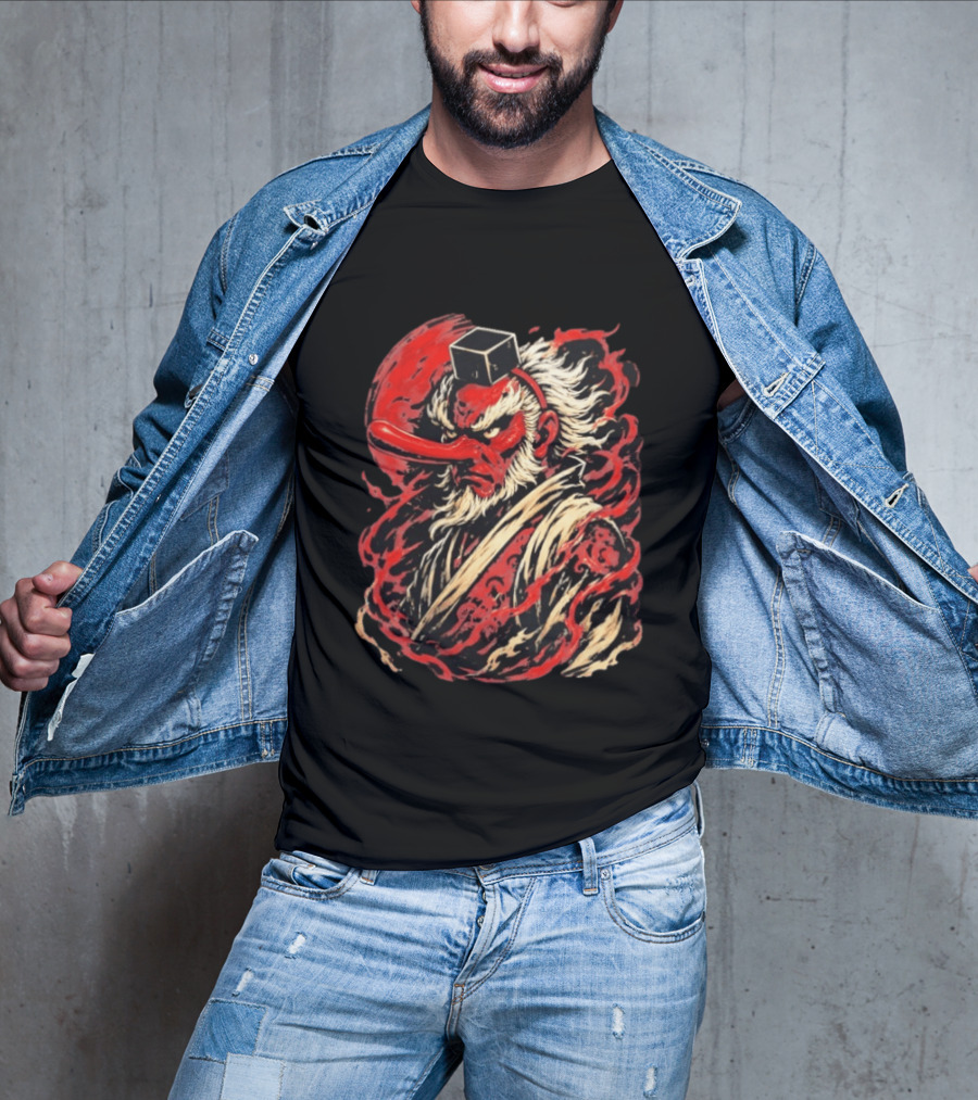 Tengu Japanese Warrior Spirit Mask Mythical Yokai Flame Aura T-Shirt