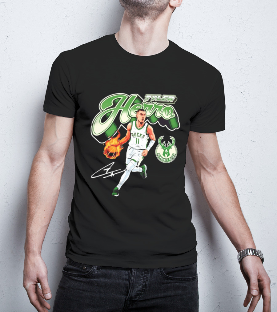 Tyler Herro Milwaukee Bucks Basketball Fireball Cursive Script T-Shirt