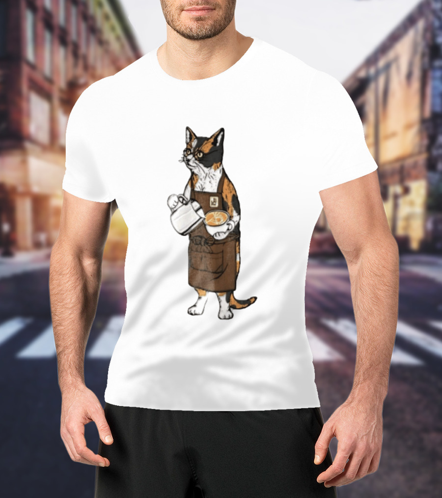Cat Wearing Glasses And Apron Pouring Latte Art Coffee T-Shirt