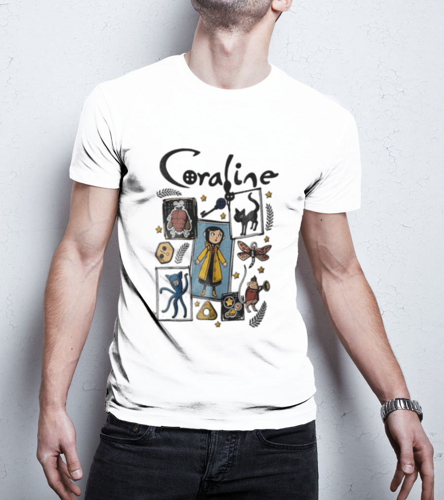 Coraline In Yellow Raincoat With Black Cat And Stars With Button Eyes T-Shirt