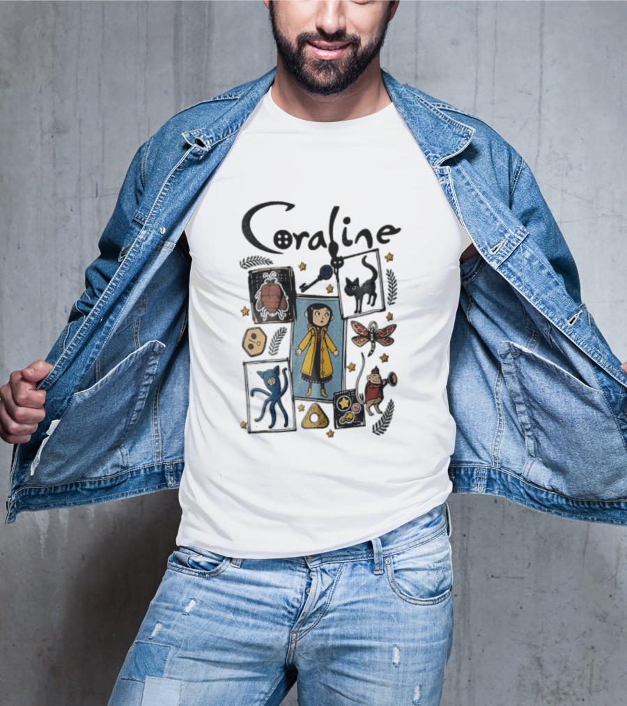 Coraline In Yellow Raincoat With Black Cat And Stars With Button Eyes T-Shirt