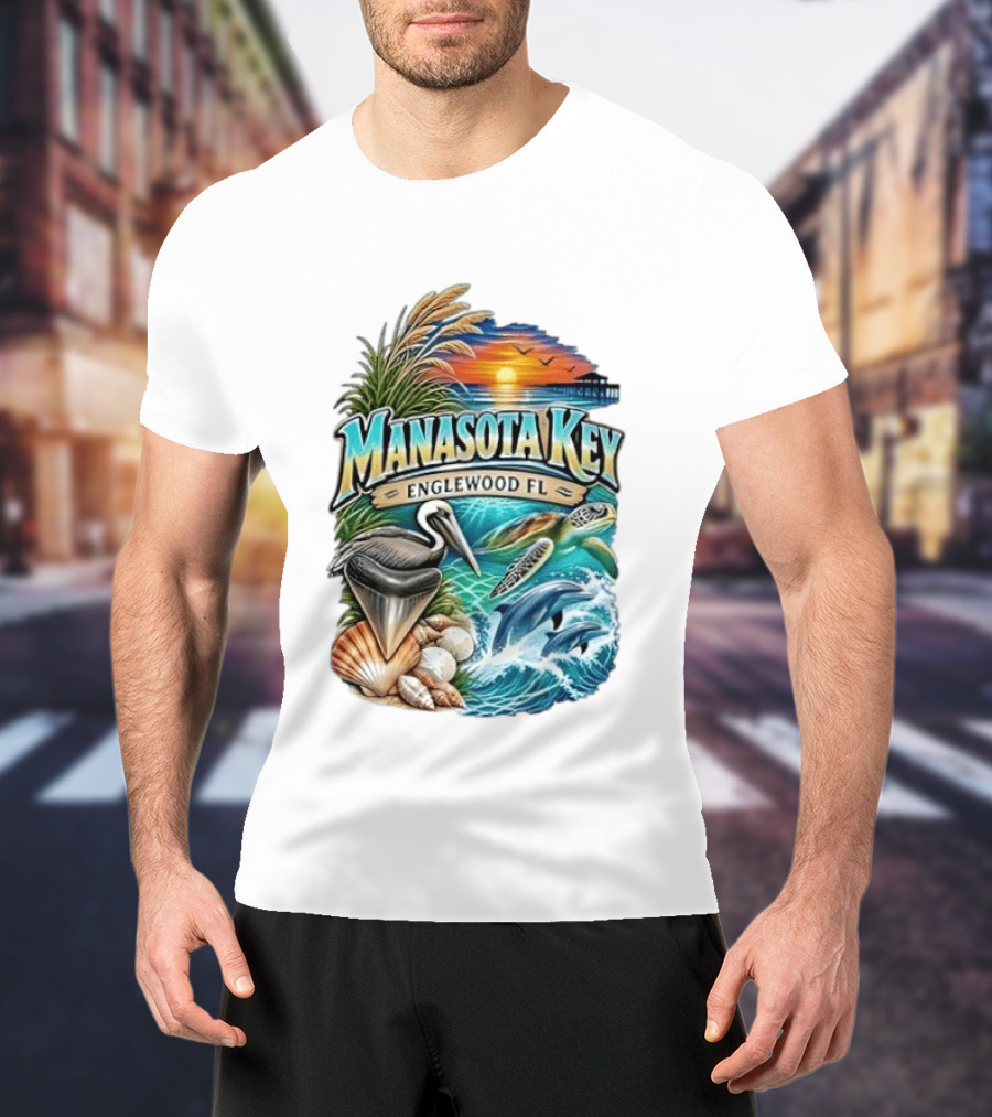 Manasota Key Englewood FL Beach Scene With Pelican Dolphins Shells And Sunset T-Shirt