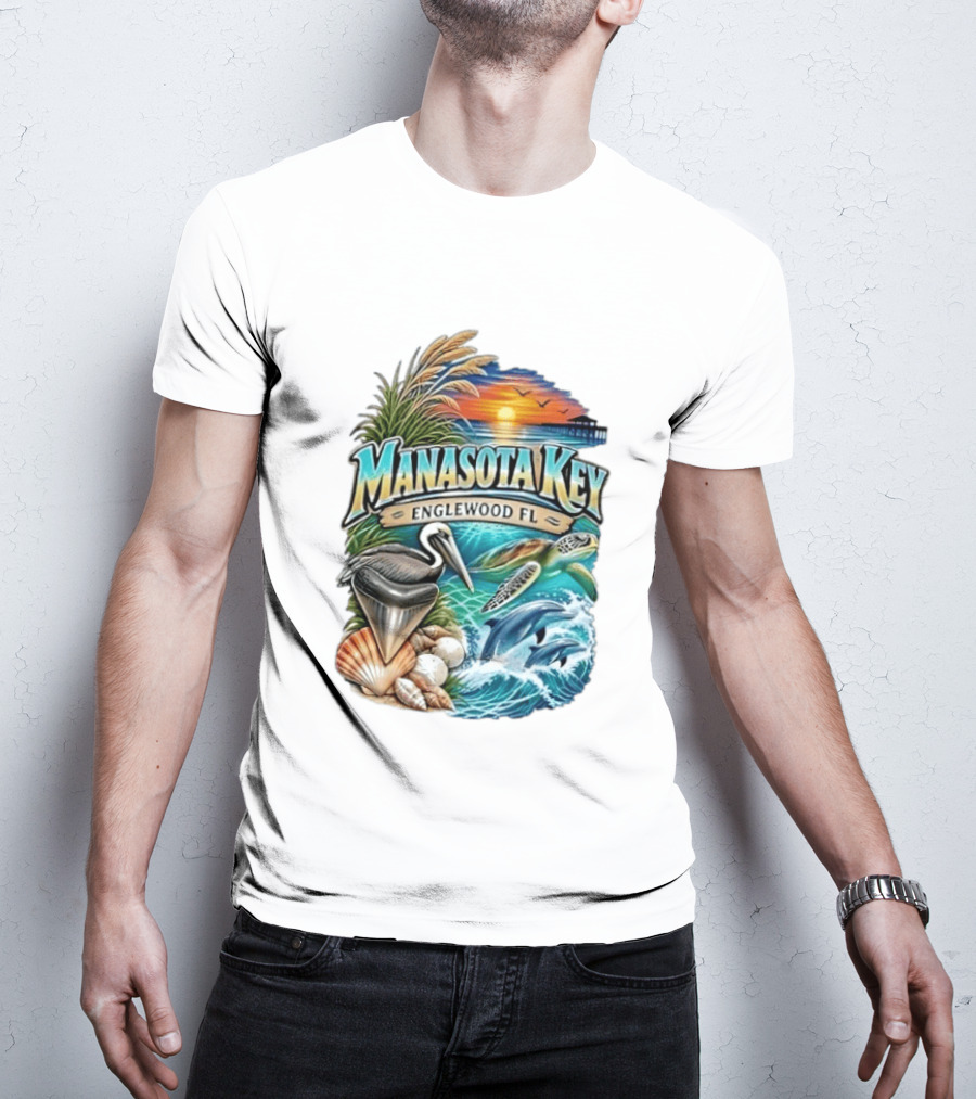 Manasota Key Englewood FL Beach Scene With Pelican Dolphins Shells And Sunset T-Shirt