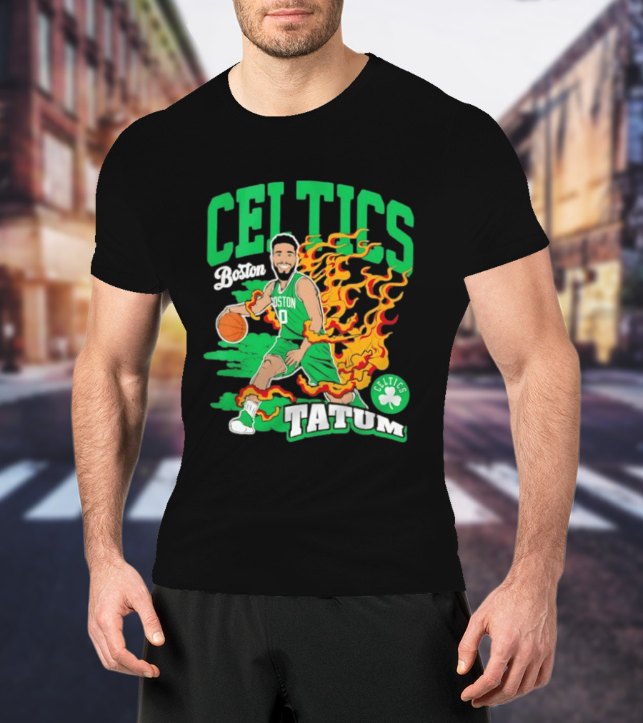 Boston Celtics Jayson Tatum Fired Up Basketball Flames T-Shirt