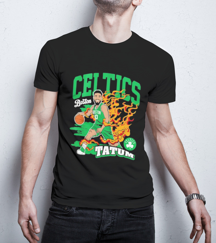 Boston Celtics Jayson Tatum Fired Up Basketball Flames T-Shirt