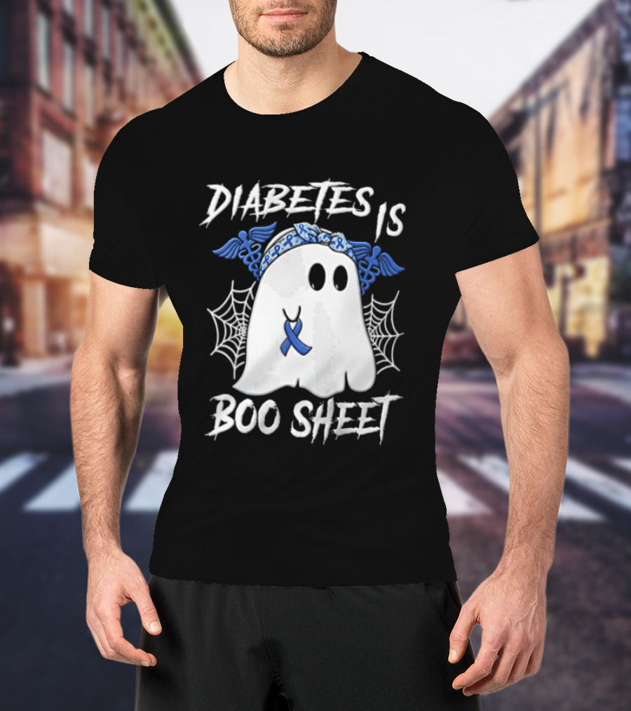 Diabetes IS BOO Sheet Ghost With Blue Ribbon Headband Halloween T-Shirt