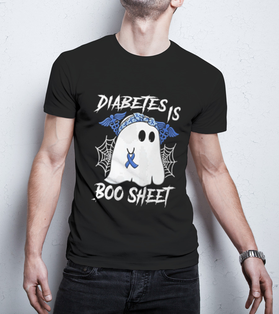 Diabetes IS BOO Sheet Ghost With Blue Ribbon Headband Halloween T-Shirt