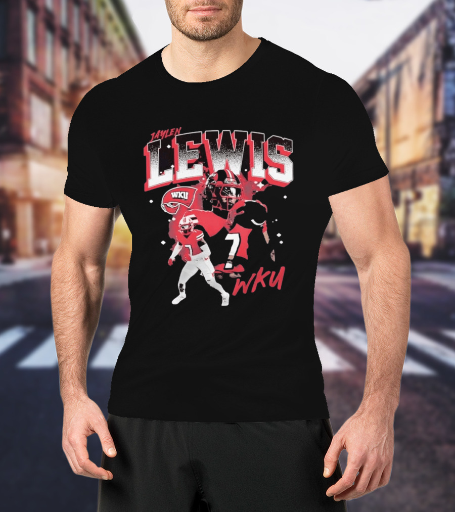 Jaylen Lewis No 7 WKU Football Helmet And Player Action T-Shirt