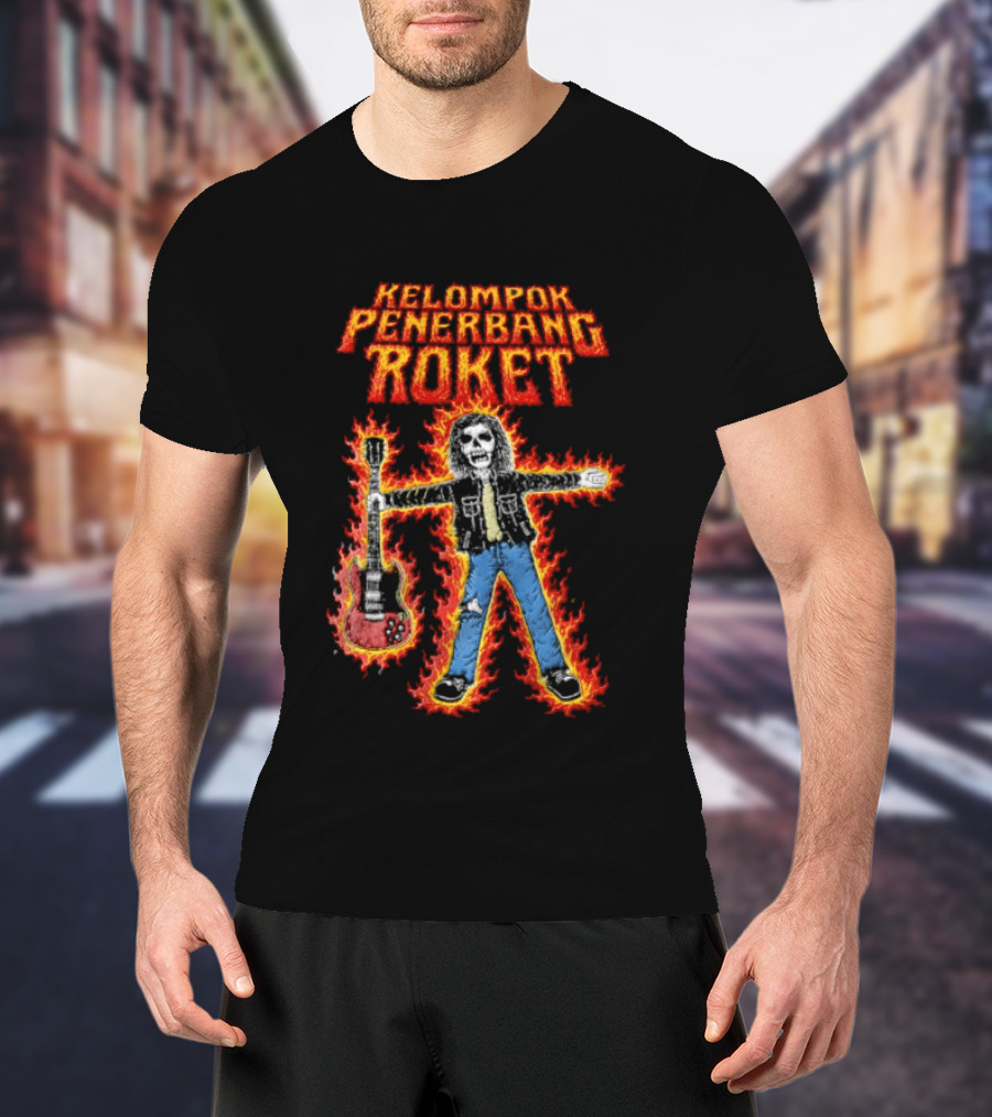 Kelompok Penerbang Roket Skeleton Guitarist In Flames Keegan Records T-Shirt