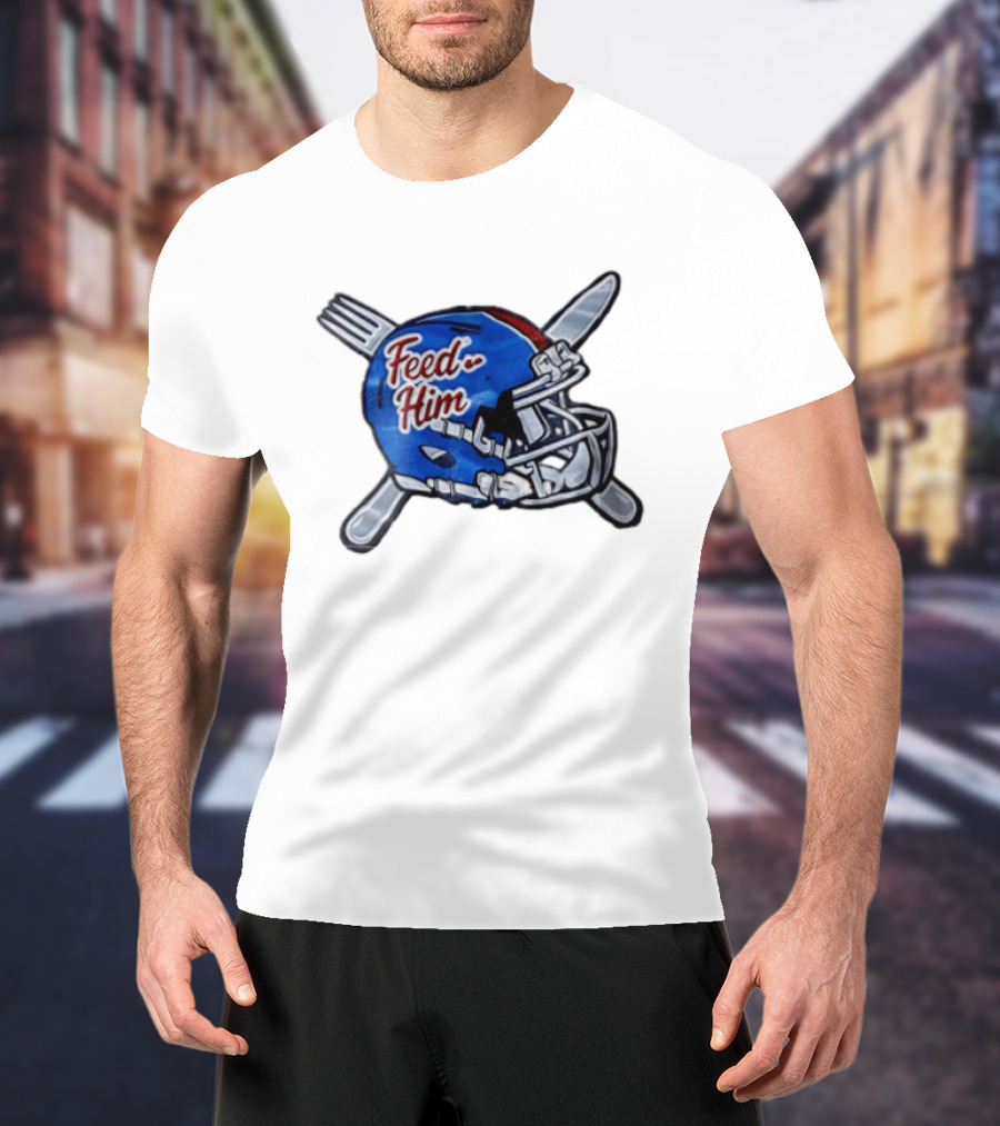 Feed Him Blue Football Helmet Crossed Utensils Fork Knife T-Shirt