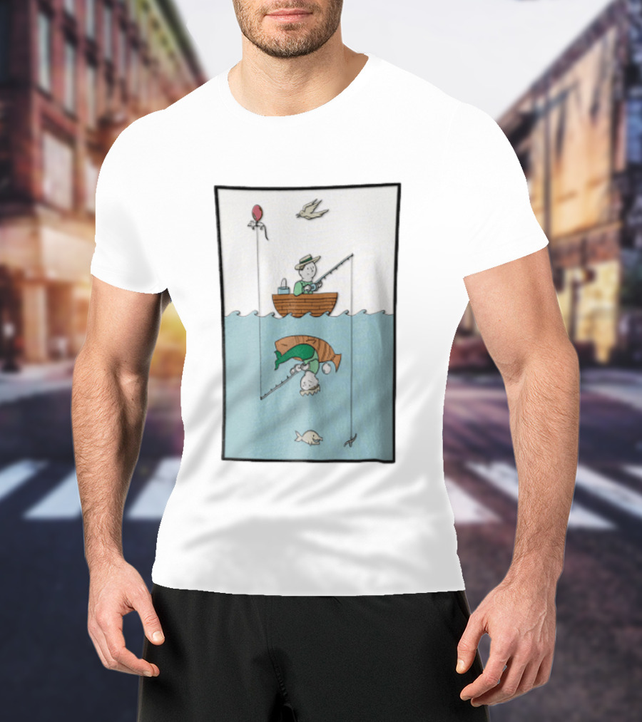 Fisherman In Boat Catching Hidden Mermaid With Fishing Line T-Shirt