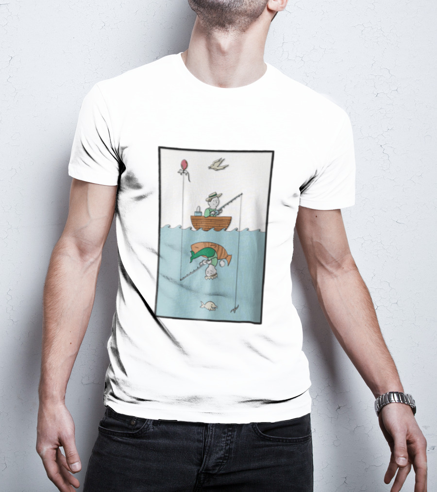 Fisherman In Boat Catching Hidden Mermaid With Fishing Line T-Shirt