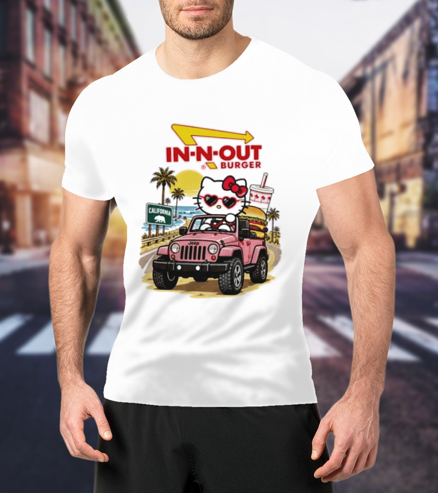 Hello Kitty In Pink Jeep With In N Out Burger California Adventure T-Shirt