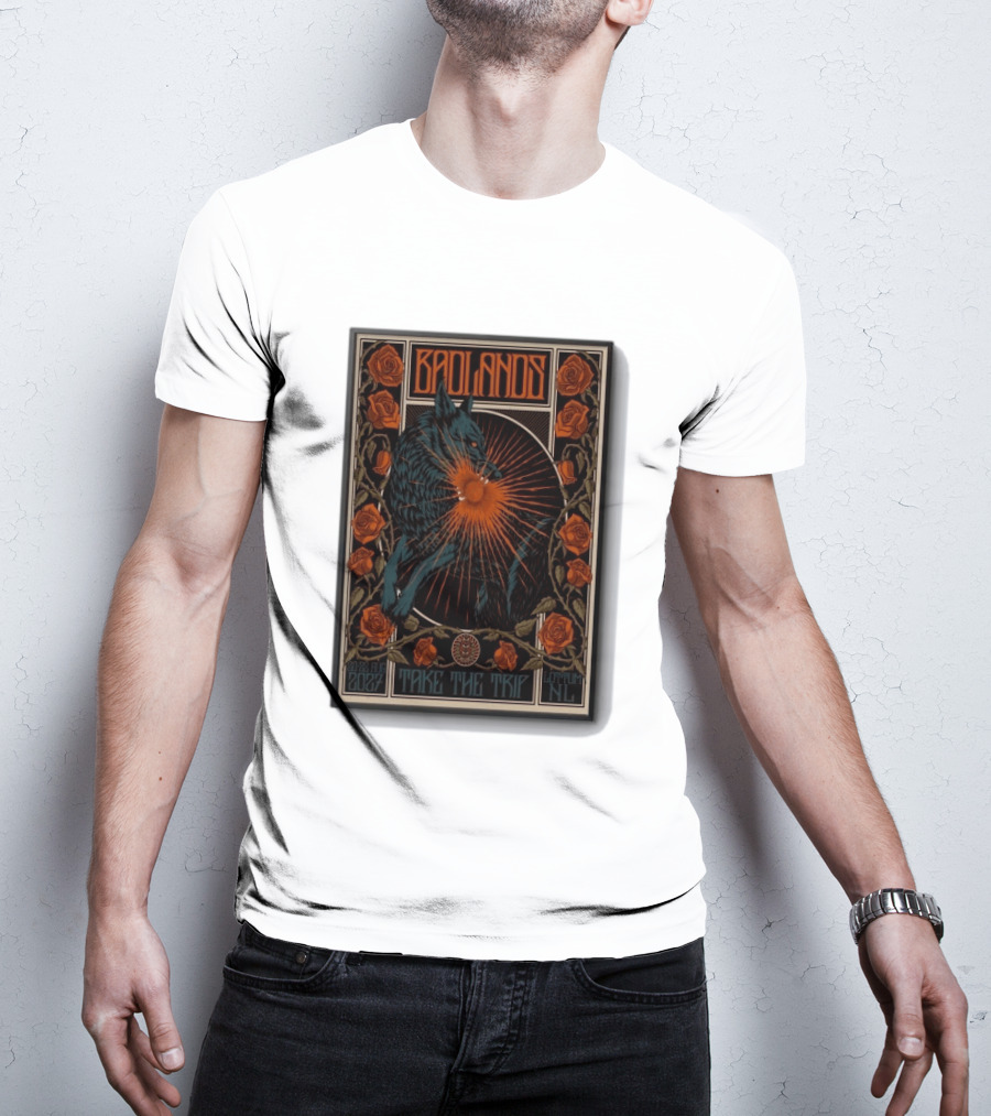 BADLANDS Festival Aug 20 22 2027 Take The Trip Stokterweg 14 Lottum Netherlands Retro Wolf And Roses T-Shirt