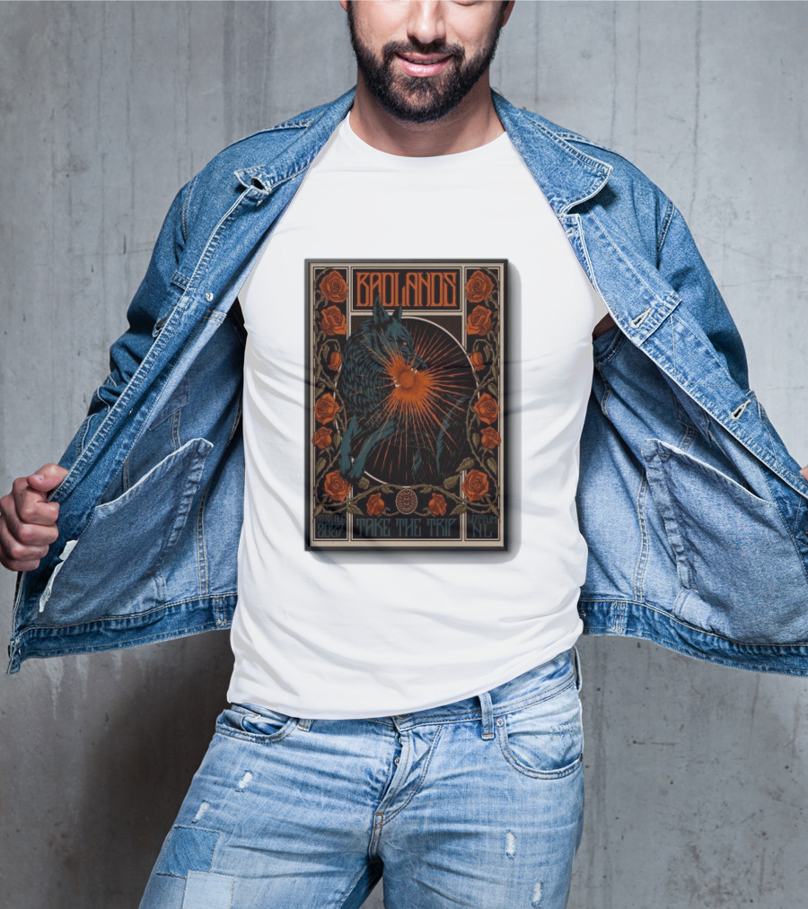 BADLANDS Festival Aug 20 22 2027 Take The Trip Stokterweg 14 Lottum Netherlands Retro Wolf And Roses T-Shirt