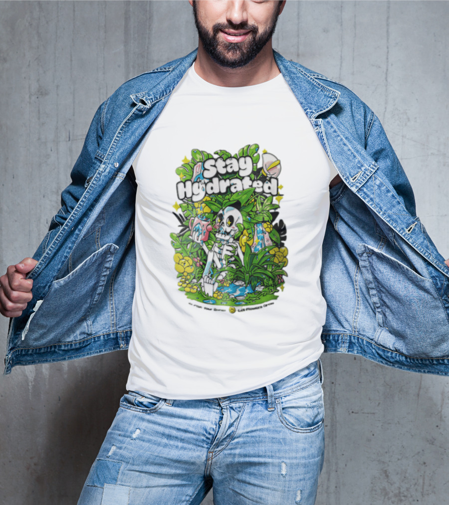 Stay Hydrated Quirky Skeleton Watering Lush Greenery And Flowers T-Shirt