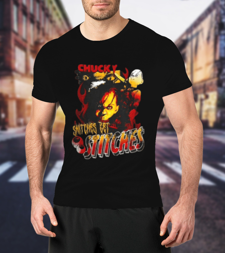Chucky Snitches Get Stitches Horror Doll With Knife And Eyeballs T-Shirt