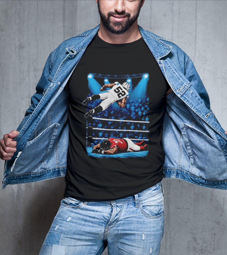 Football Player 52 Jumping Over Opponent In Wrestling Ring Spotlight Crowd T-Shirt