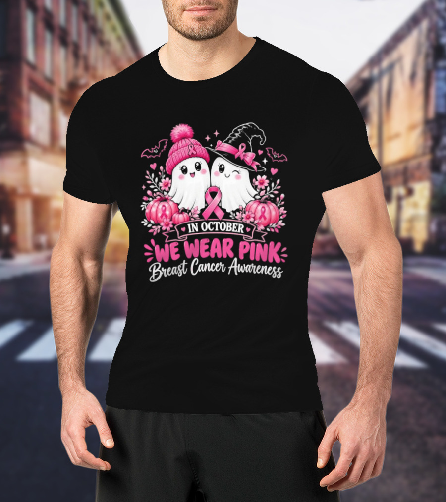 In October We Wear Pink Breast Cancer Awareness Ghost Pumpkin Witch T-Shirt