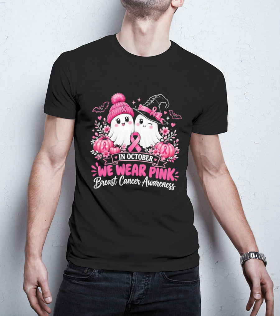 In October We Wear Pink Breast Cancer Awareness Ghost Pumpkin Witch T-Shirt