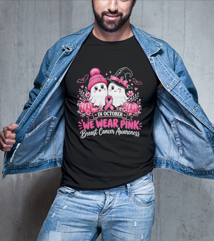 In October We Wear Pink Breast Cancer Awareness Ghost Pumpkin Witch T-Shirt
