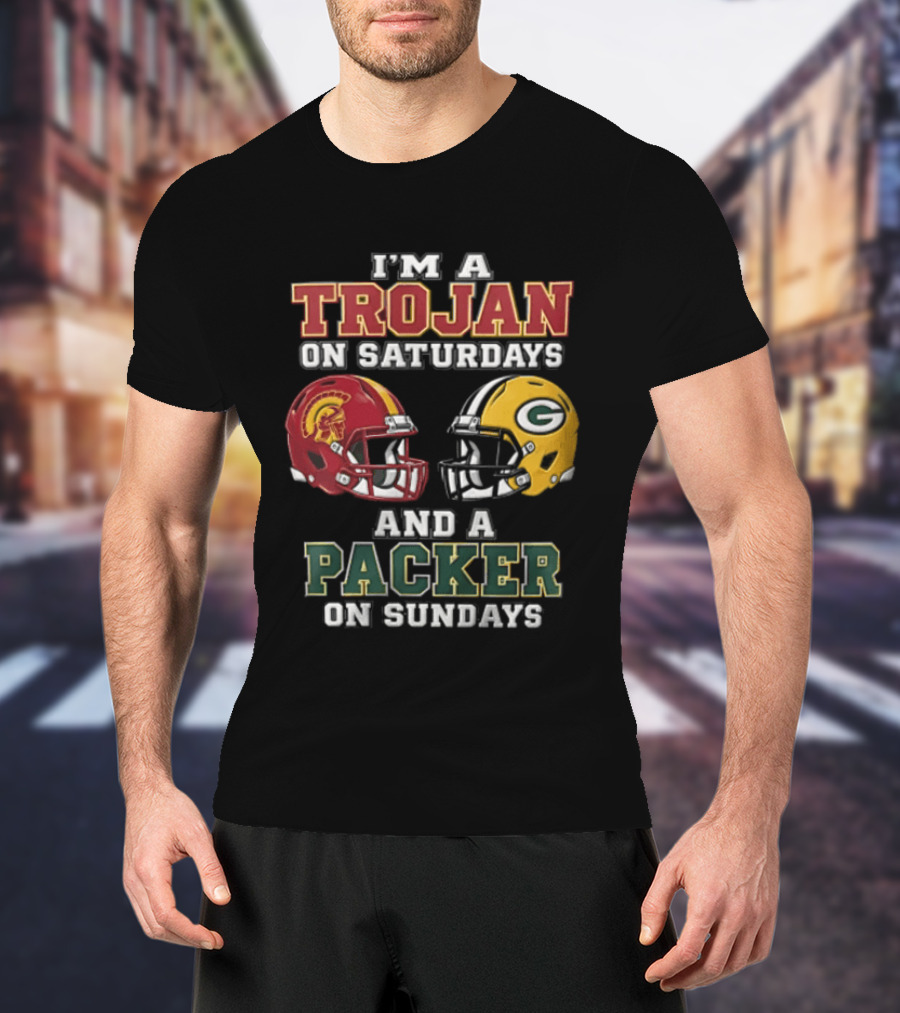 I'm A Trojan On Saturdays Packer On Sundays Football Helmets T-Shirt
