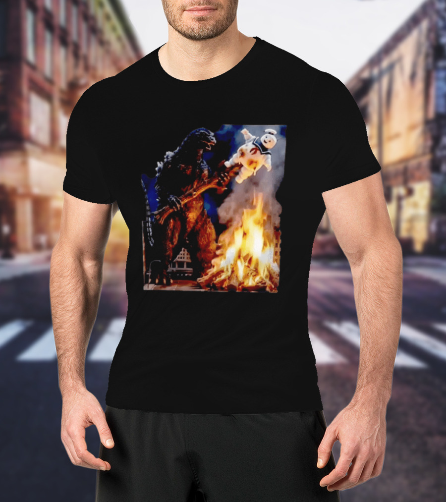 Kaiju Campfire Godzilla Holding Stay Puft Marshmallow Man T-Shirt