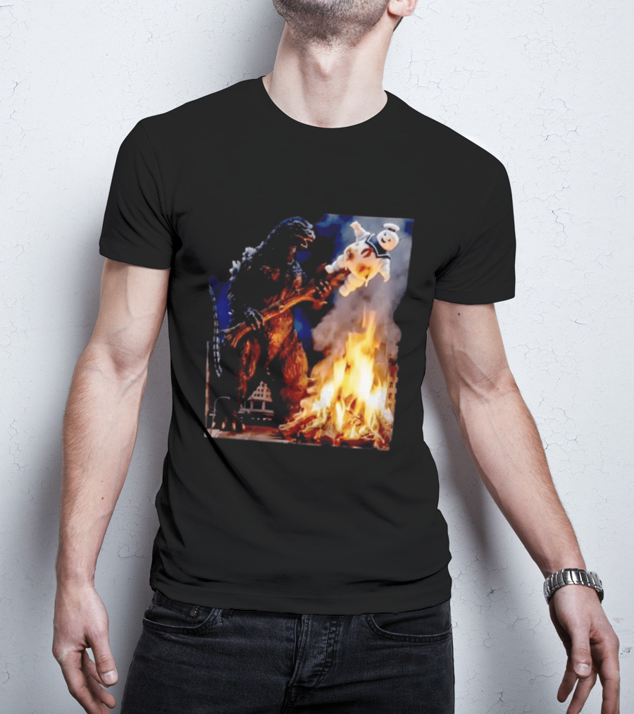 Kaiju Campfire Godzilla Holding Stay Puft Marshmallow Man T-Shirt