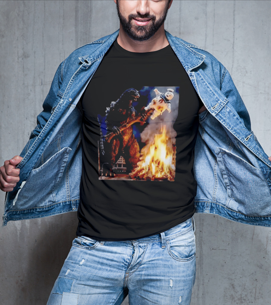 Kaiju Campfire Godzilla Holding Stay Puft Marshmallow Man T-Shirt