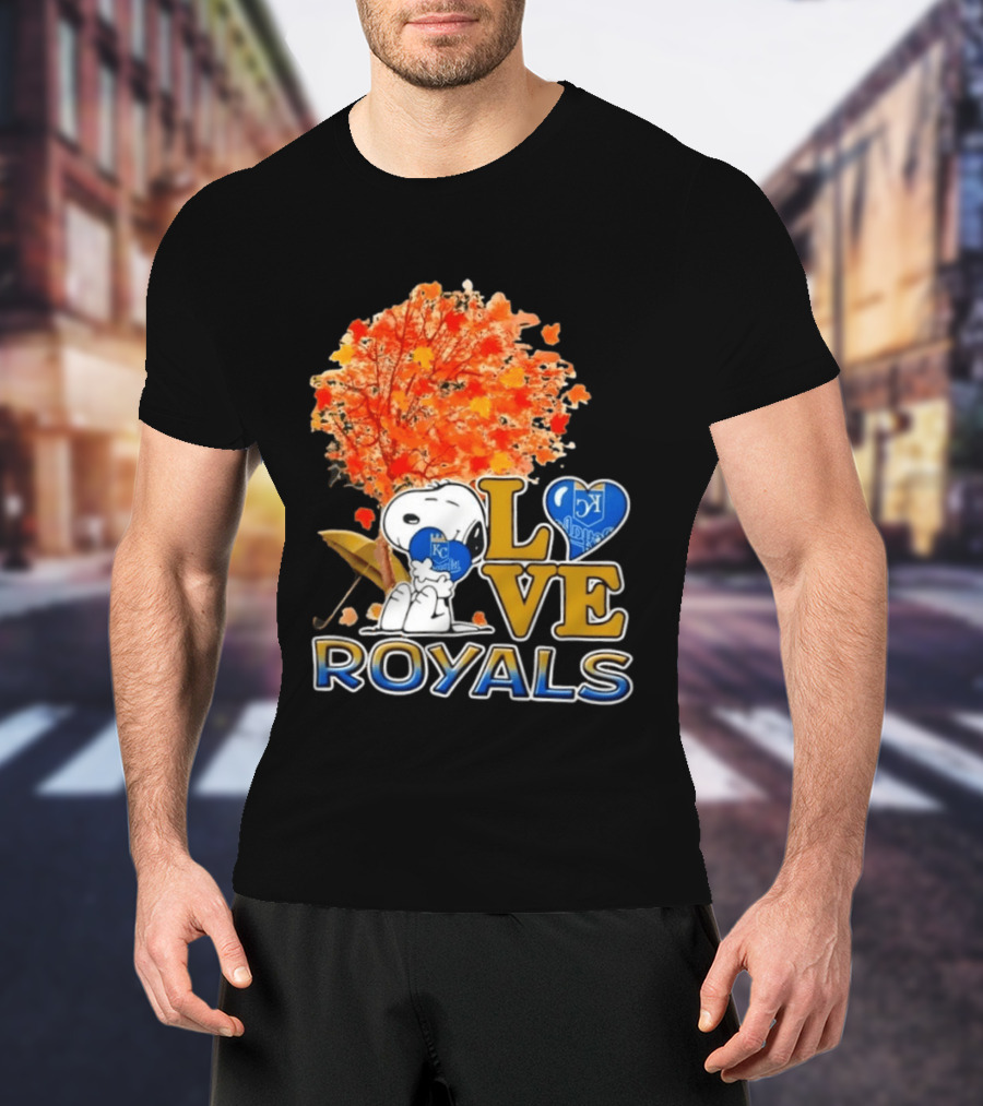 KC Royals Love Snoopy Hug Heart Peanuts Baseball Fall Tree T-Shirt