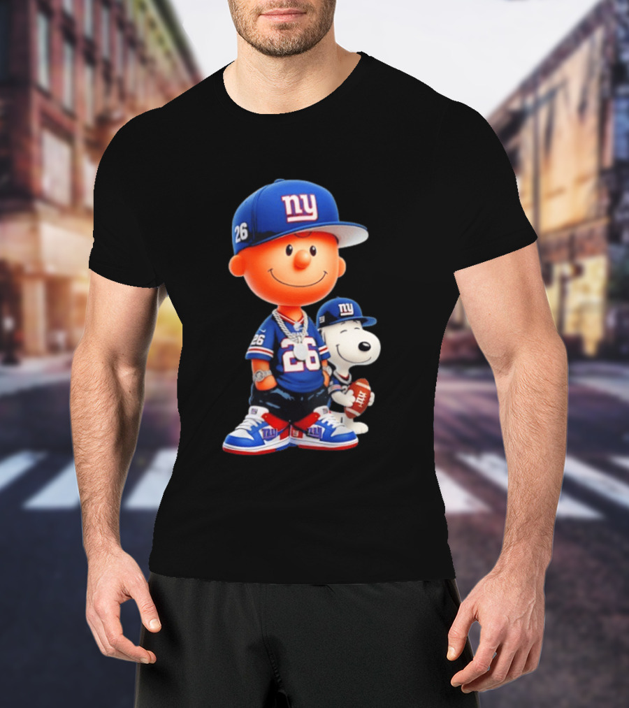 Peanuts Characters In New York Giants Team Sportswear T-Shirt