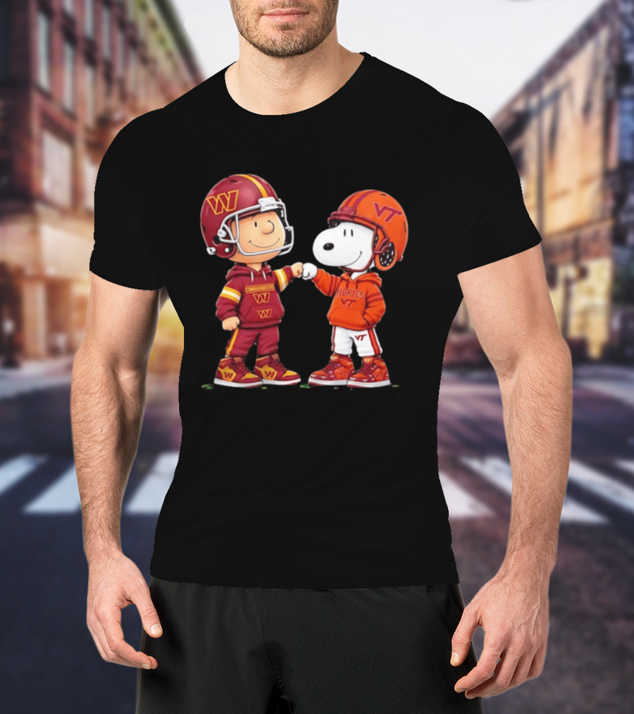 Peanuts Snoopy Charlie Brown Washington Commanders Virginia Tech Hokies Collaboration Fist Bump T-Shirt