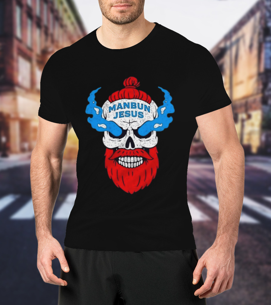 Manbun Jesus Skull Blue Flames Red Beard T-Shirt