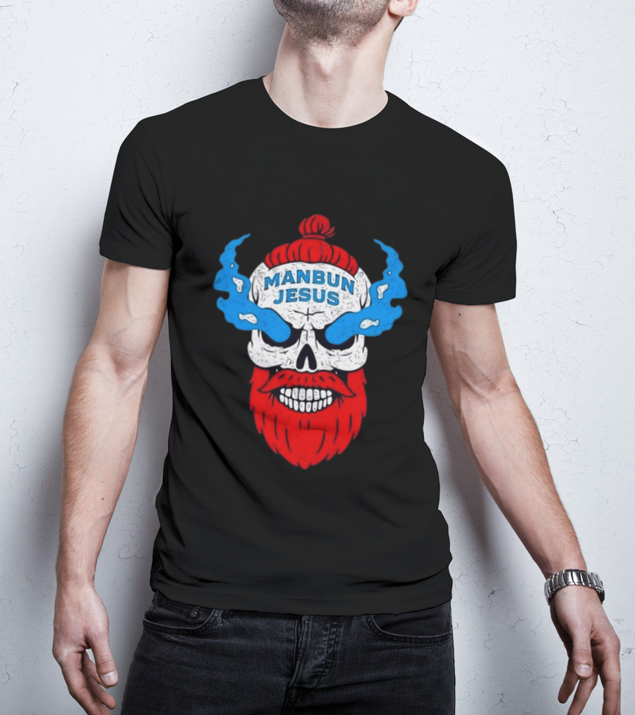 Manbun Jesus Skull Blue Flames Red Beard T-Shirt