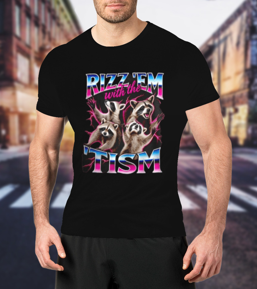 Rizz Them With The Tism Four Raccoons Reaching Pink Lightning T-Shirt