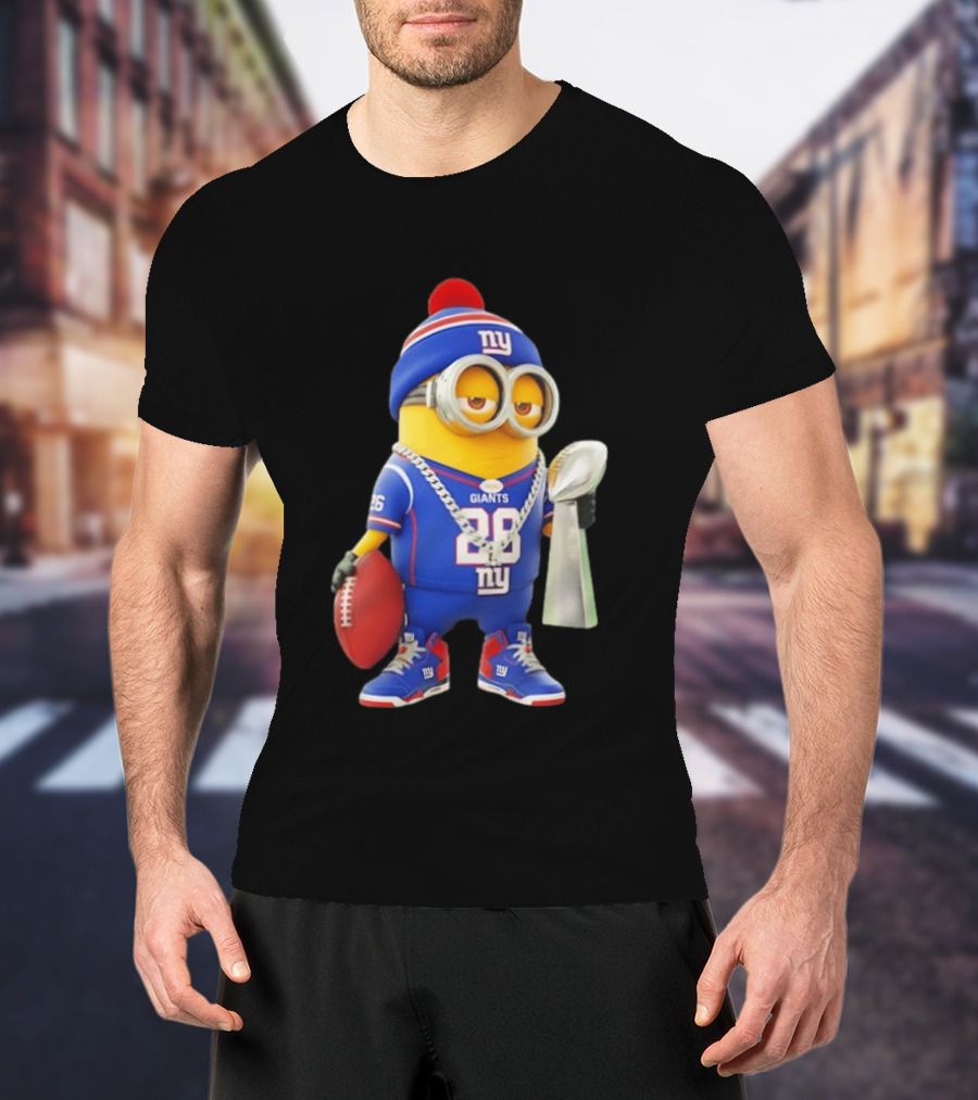 Minion In New York Giants Jersey With Football Trophy And Beanie T-Shirt