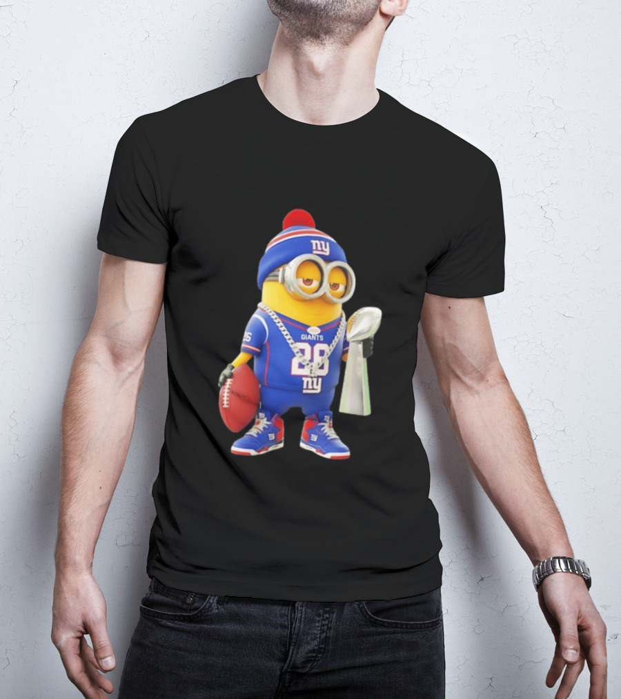 Minion In New York Giants Jersey With Football Trophy And Beanie T-Shirt
