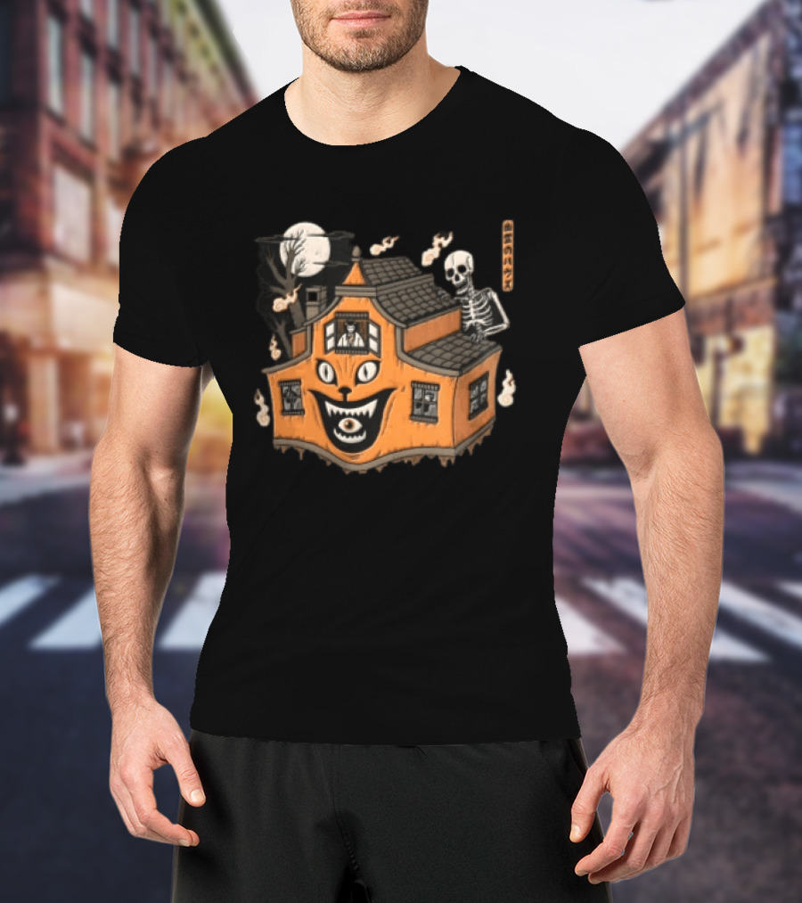 Skeleton Moon Haunted House Cat Face Halloween T-Shirt