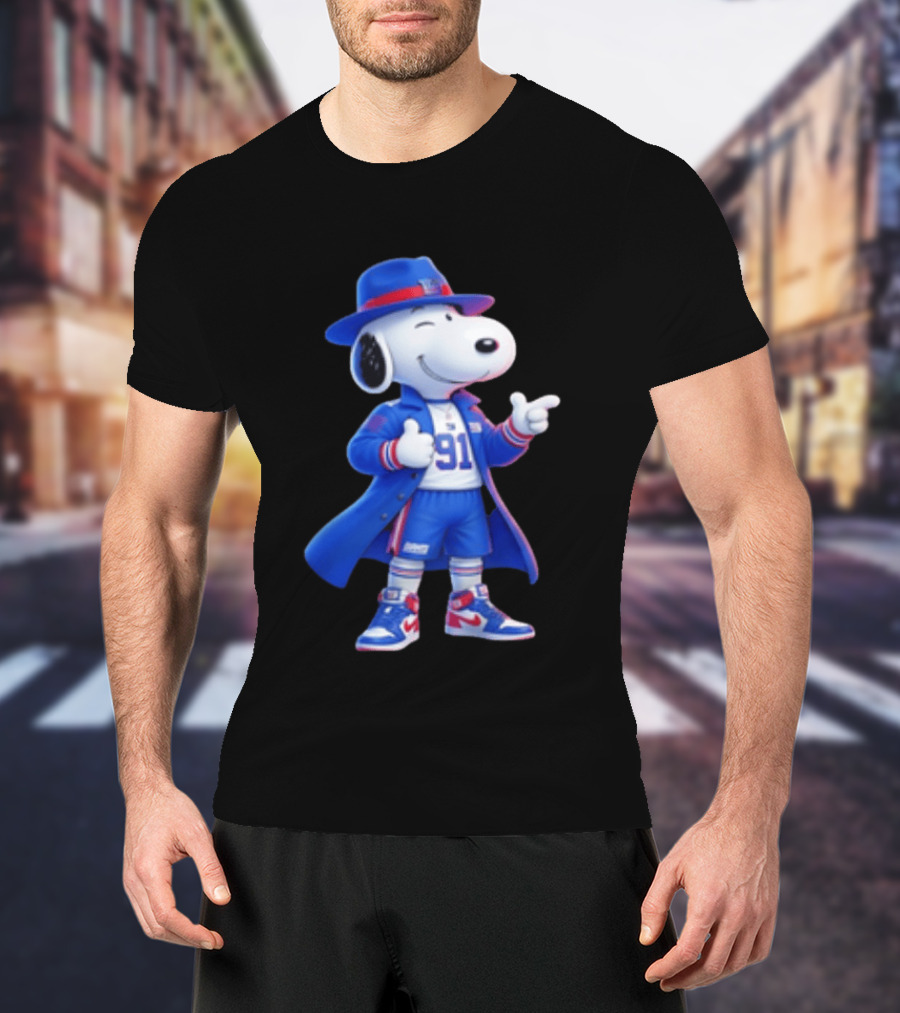 Snoopy New York Giants Football Player Cartoon Blue Coat And Hat T-Shirt