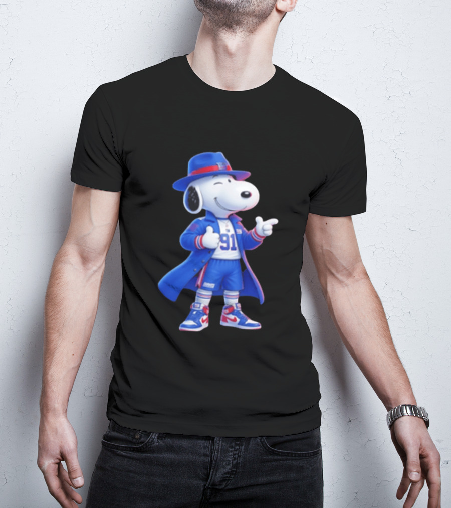 Snoopy New York Giants Football Player Cartoon Blue Coat And Hat T-Shirt