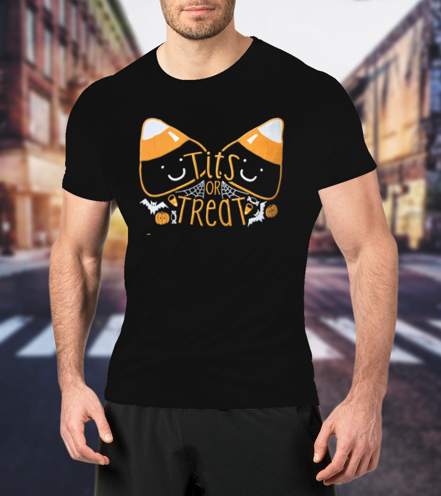 Halloween Candy Corn Faces Tits Or Treat With Spiders Webs Bats Pumpkins T-Shirt