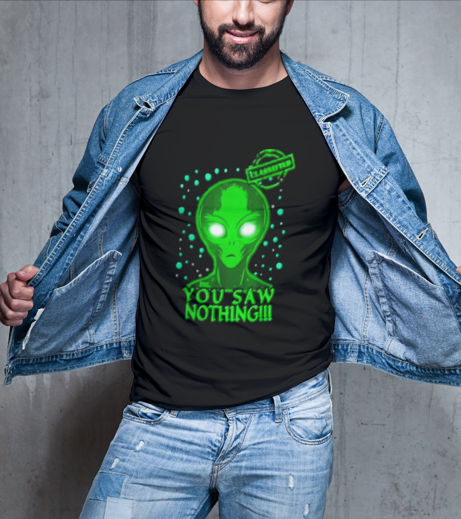 Green Alien You Saw Nothing Glowing Eyes UFO Dots T-Shirt