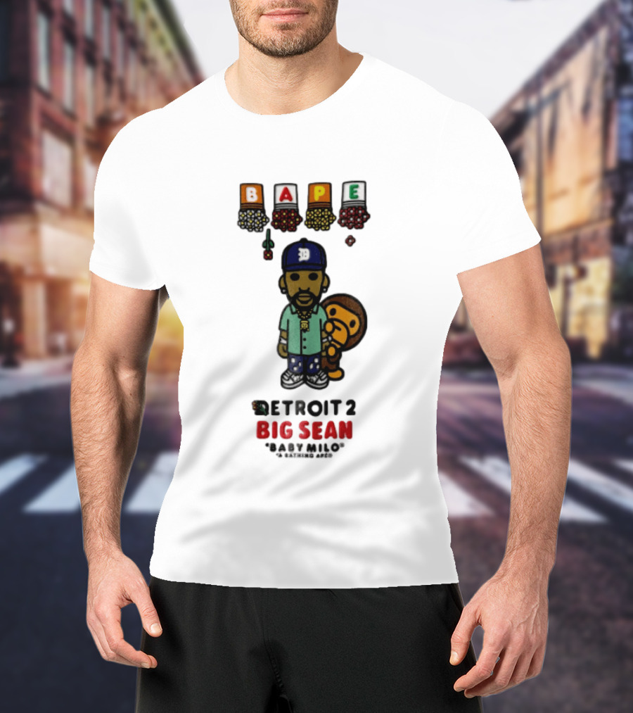 BAPE Big Sean Detroit 2 Baby Milo Cartoon Man Wearing Cap T-Shirt